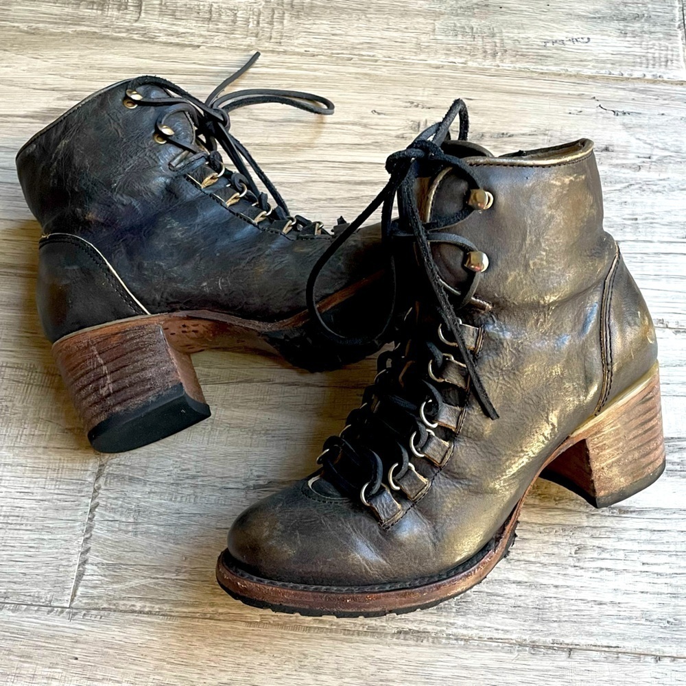 Freebird Rare Devin Boots Leather Lace Up Side Zipper Closure Black/Brown SZ 7
